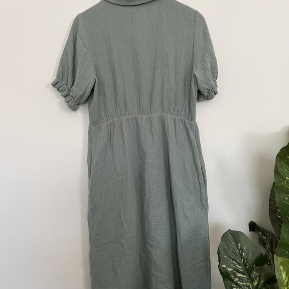 Roolee Sage Cotton Gauze Midi Dress with Functional Buttons & Collar - size S - Picture 6 of 8